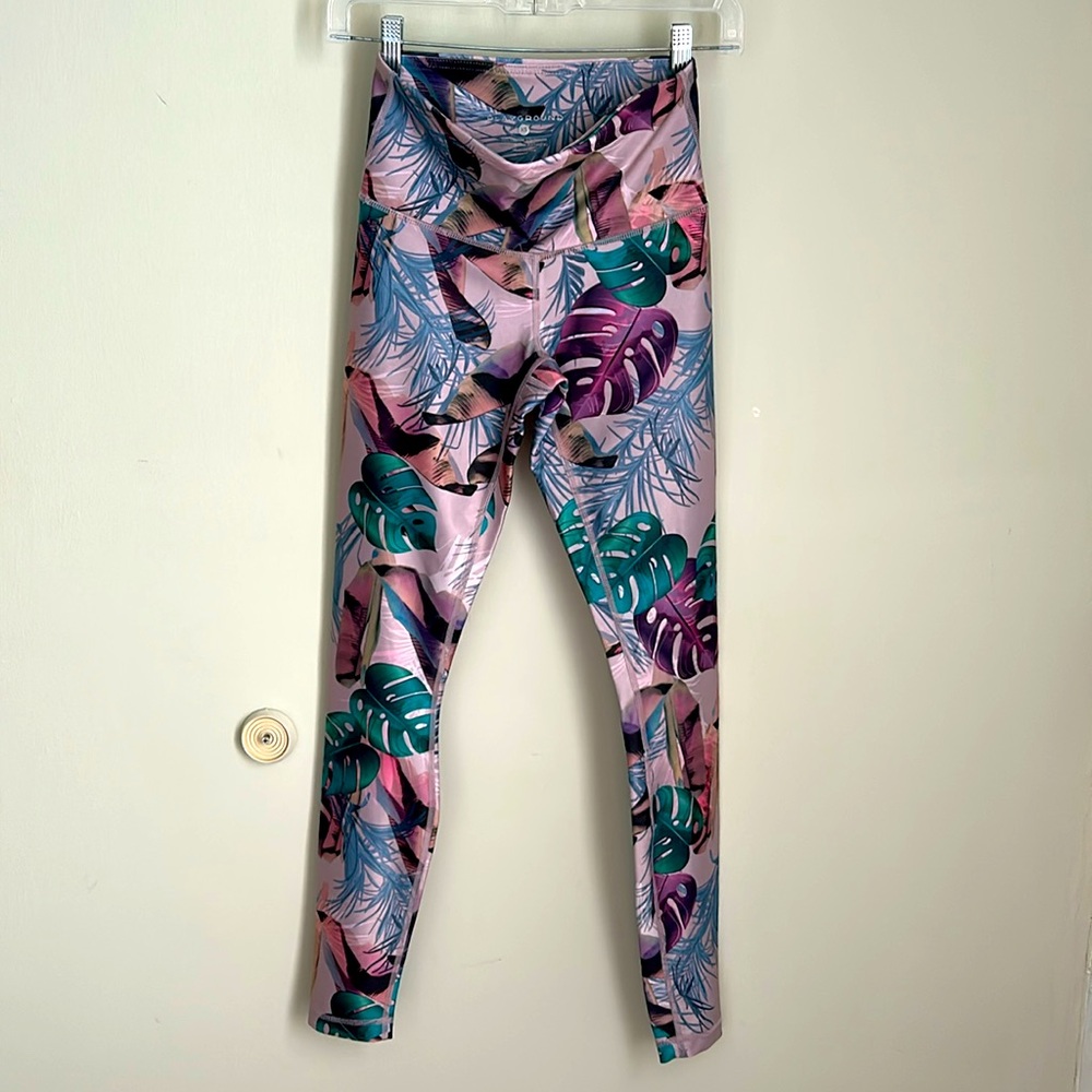 Playground Miami Beach Tropical Pink Blue Floral Trees High Rise Leggings